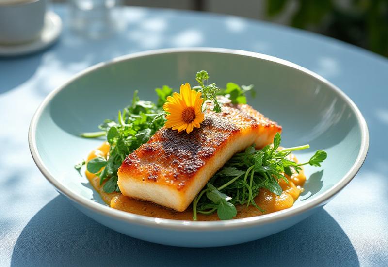 아름답게 플레이팅된 신선한 해산물 건강 요리